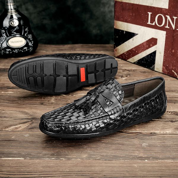 

shoes men outdoor classic genuine leather loafers mens slip-on boat shoes men driving shoes men casual moccasins brogue, Black