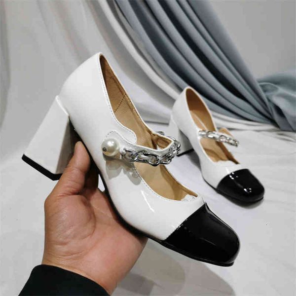 

shoes high dress heeled single shoes women's spring and autumn style square head color matching patent leather pearl chain thick heel i, Black