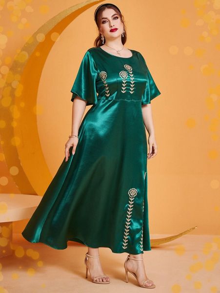 

plus floral embroidery satin dress 86aa#, Black