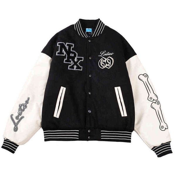

hip hop baseball coat men winter thick warm patchwork bone embroidery oversized college varsity streetwear vintage punk jacket t220728, Black;brown