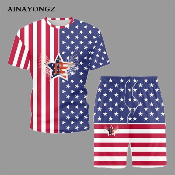Summer Trend Mens Clothing USA Flag impresso Camiseta casual de meia manga com shorts Duas peças Conjunto de traje curto Male 220704