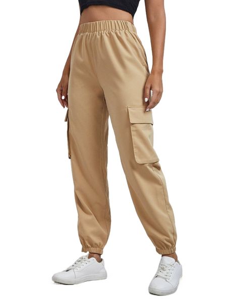 

solid flap pocket carrot pants g0y6#, Black;white