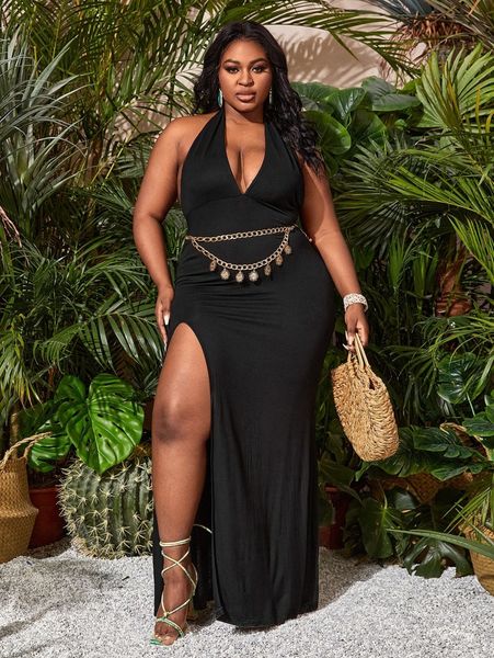 

sxy plus tied open back high split dress without belt e0nz#, Black