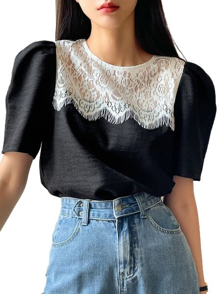 

dazy eyelash lace panel puff sleeve blouse m3ud#, White