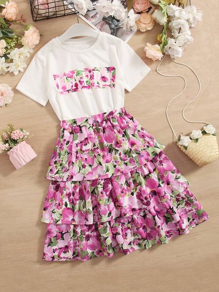 

girls floral and letter graphic tee and layered ruffle hem skirt she, White