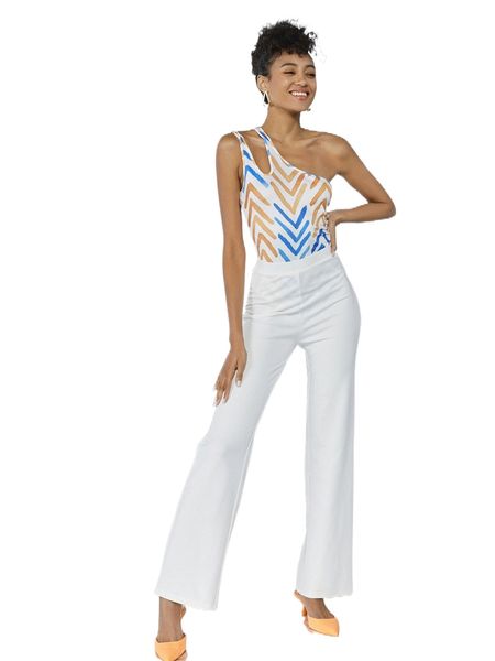 

x ronie reives chevron print one shoulder cut out bodysuit x1rd#, White