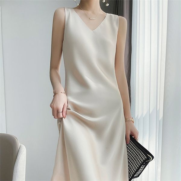 

elegant women dress v-neck sleeveless korean harajuku satin party long maxi dress casual sundress vestido mujer 220509, Black;gray