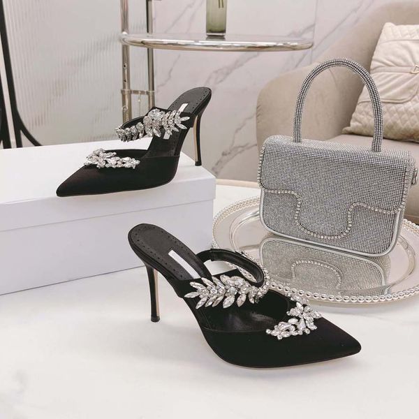 

womens beach sandals fashion satin cloth thick heel heels slides lady dance designer shoe metal high heel ballroom bar diamonds crystal shoe, Black