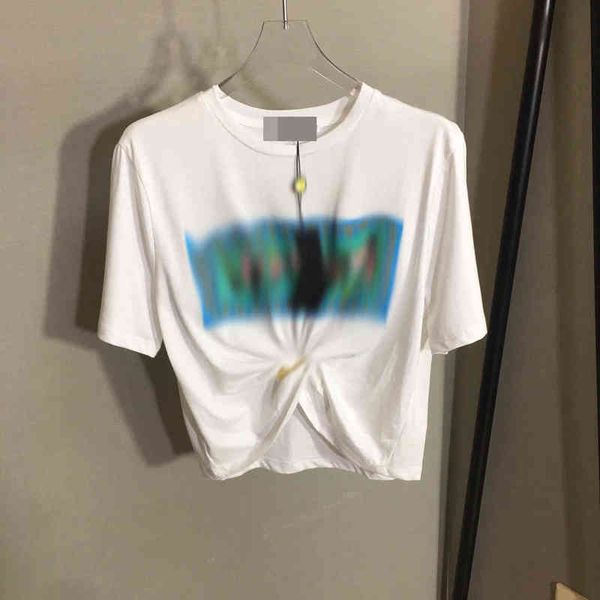 

early spring 2022 new alphabet flower print medusa metal pin kink open waist short sleeve t-shirt, White