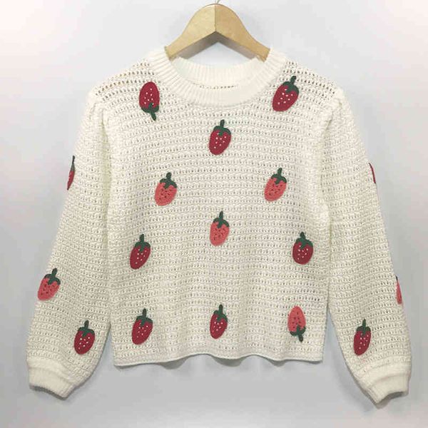 

women's knits & tees cute college style age reducing versatile hollowed out sweater round neck bubble long sleeve strawberry jacquard b, White