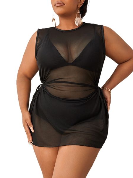 

plus cut out knot side cover up without bikini m8bj#, Black