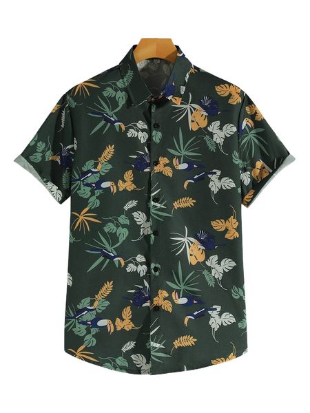

men random bird & tropical print shirt h9b8#, White;black