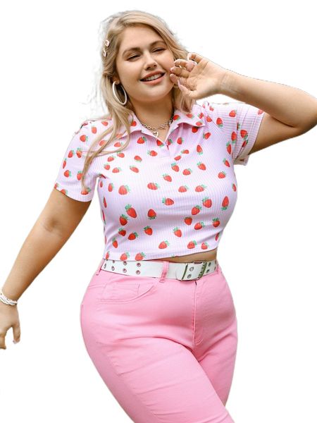 

plus strawberry print polo neck crop tee r4jt#, Black