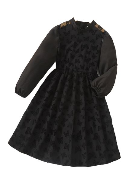 

girls jacquard zipper back dress r2rv#, Black;white