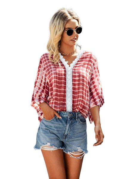 

tie dye contrast guipure lace scallop trim dolman sleeve blouse h6rt#, White