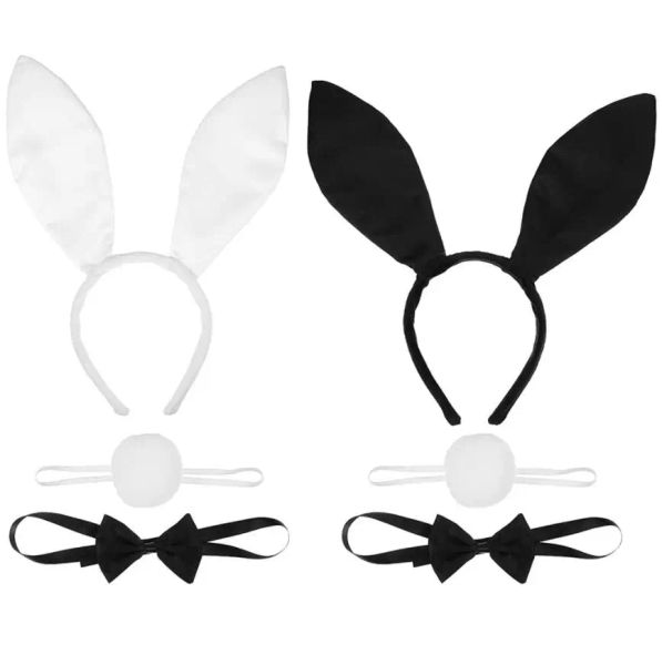 Damen-Häschen-Kostüm-Zubehör-Set, Hasenohr-Stirnband, Kragen, Fliege, Schwanz für Ostern, Cosplay, Party-Requisiten, Weiß, Schwarz