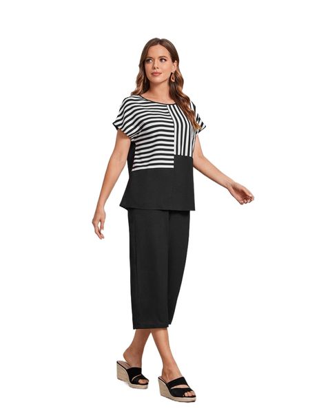 

emery rose vertical striped batwing sleeve & pants f06z#, White