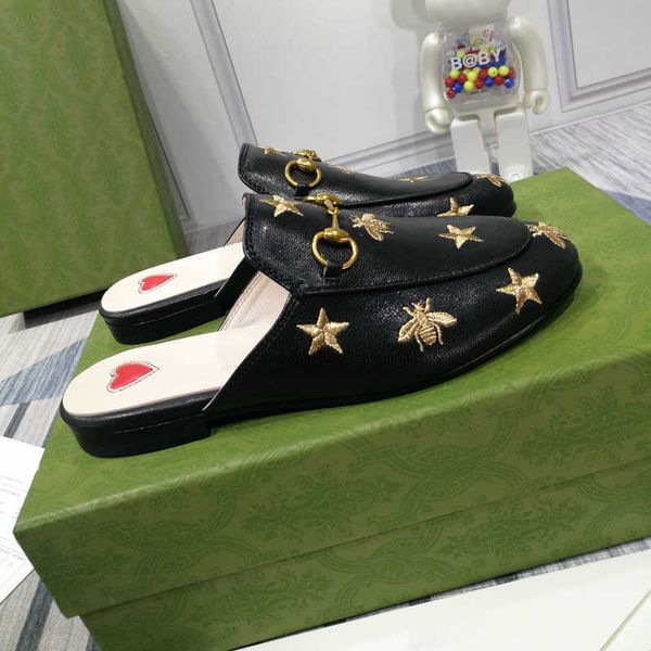 

fashion designer mules slippers women loafers genuine leather sandals casual shoes horsebit half drag metal chain shoe cowhide slipper 35-41, Black