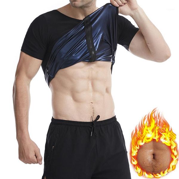 Camisetas masculinas verão 2022 Moda esportes suor Suplewear Tummy Fitness Body Shaper Zipper Manga curta Top Solid Simple Slim Fit Tops