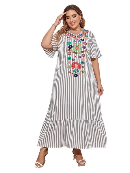 

plus striped & floral embroidery ruffle hem dress p36g#, Black