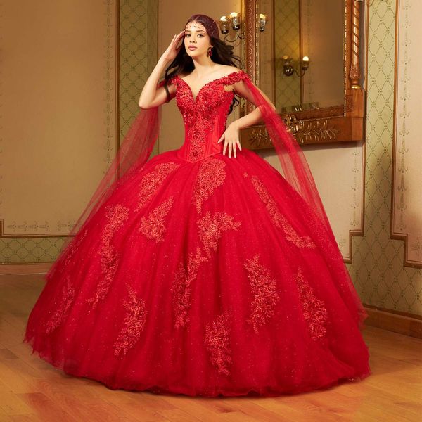 Rote Perlen-Ballkleid-Quinceanera-Kleider mit schulterfreiem Ausschnitt, Spitzen-Abschlussballkleidern, Tüll, Sweep-Zug, appliziertes Sweet-15-Maskeradekleid