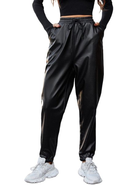 

drawstring waist pu leather pants q9po#, Black;white