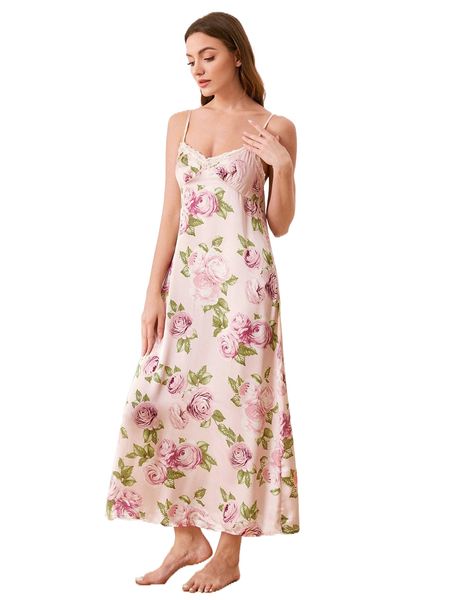 

floral print contrast lace trim night cami dress u0ge#, Black;red