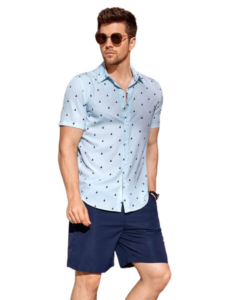 

men sailboat print shirt & drawstring waist shorts j4lz#, Gray