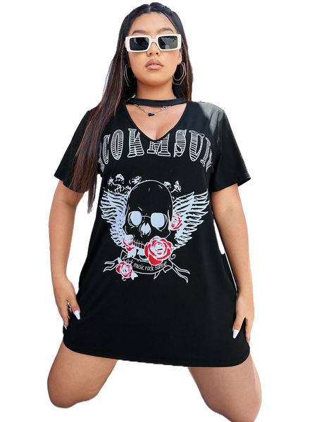 

plus skull & wings print choker neck tee w3vd#, Black
