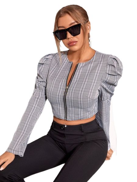 

plaid leg-of-mutton sleeve zipper crop jacket a7iz#, Black;brown