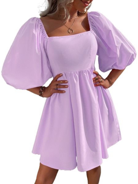 

puff sleeve square neck dress p6e4#, Black;gray