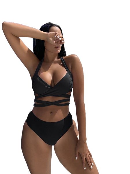 

wrap criss cross halter bikini swimsuit k8z4#, White;black