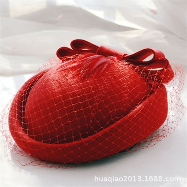 

100%wool fascinator winter elegant women pillbox hat black felt red ladies wedding beret hats bowknot fes 220627, Blue;gray