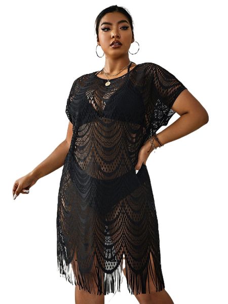 

plus hollow out fringe trim cover up dress without bikini set j8aj#, Black