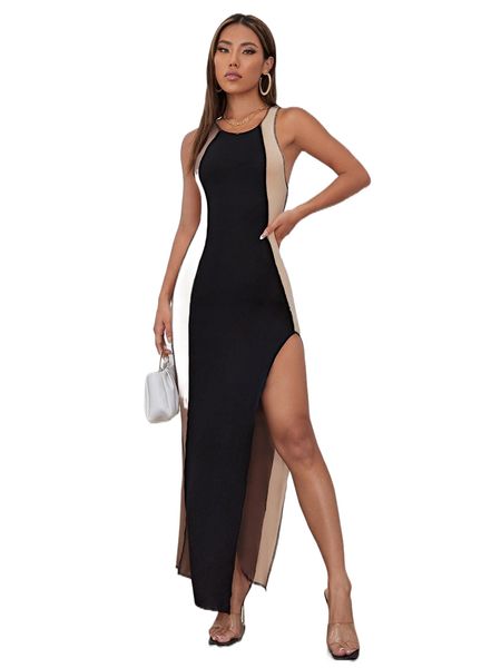

petite colorblock stitching slit thigh dress 75u0#, Black;gray