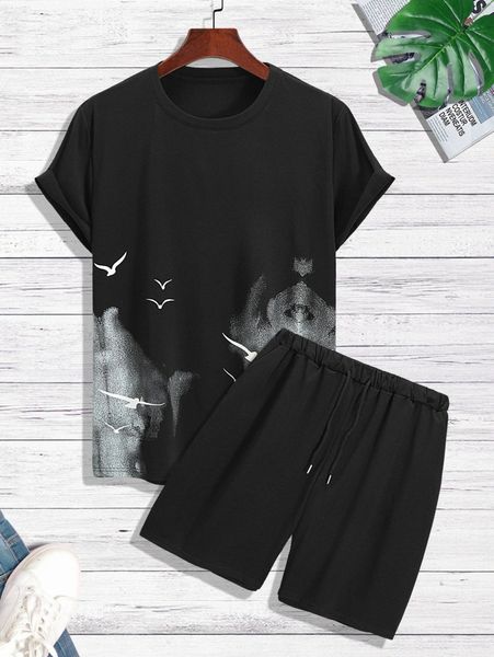 

men bird print tee & drawstring waist shorts 3852#, Gray