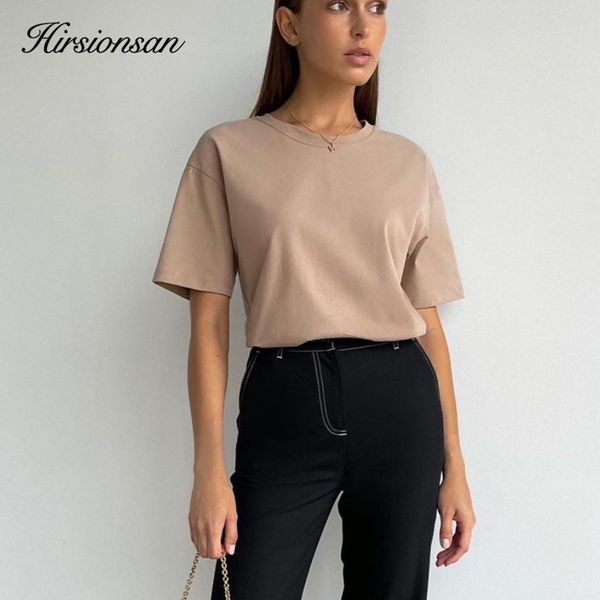 

hirsionsan basic cotton t shirt women summer loose solid tees 18 color casual loose tshirt korean o neck female 220411, White