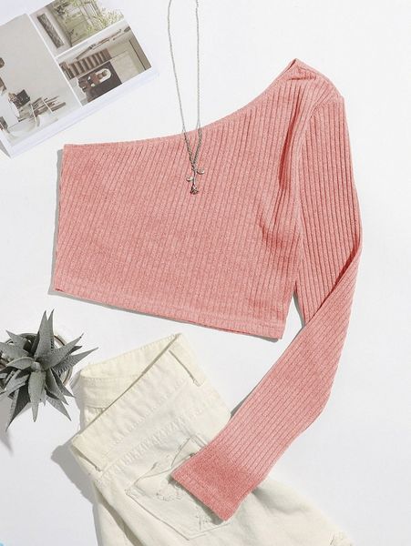 

one shoulder rib-knit crop tee b67w#, White