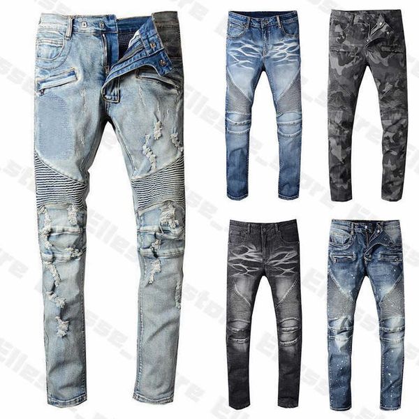 

mens 20ss designer jeans distressed ripped biker slim fit motorcycle biker denim for men s fashion mans pants pour hommes, Blue