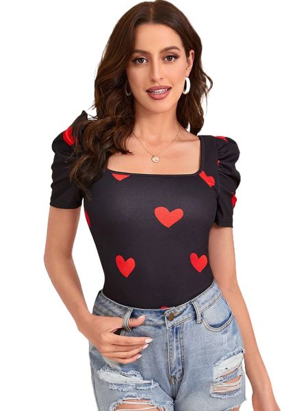 

heart print puff sleeve tee 99uc#, White