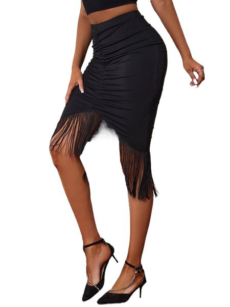 

sxy fringe hem ruched bodycon skirt m7xx#, Black