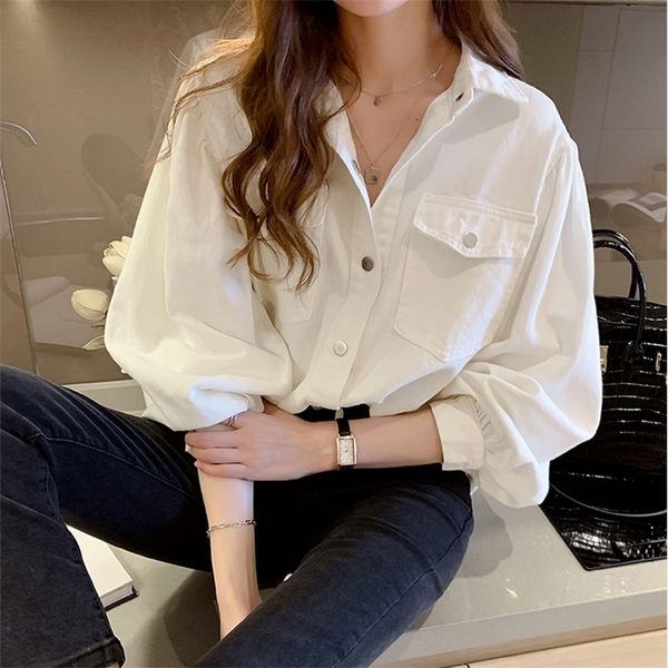 

blouses shirts women spring pockets long sleeve fashion solid korean style loose students chic womens vintage street elegant 210308, White