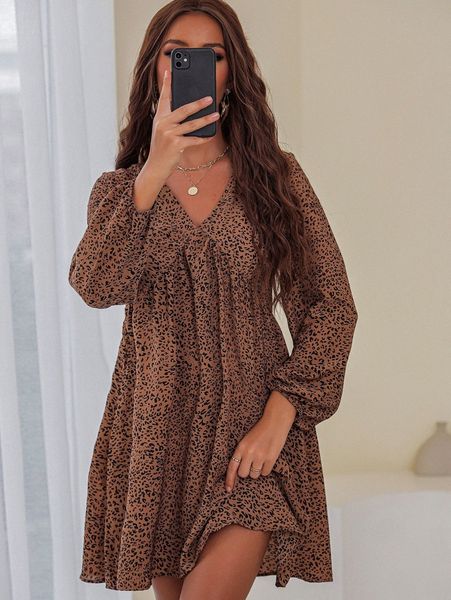 

allover print bishop sleeve smock dress 956n#, Black;gray