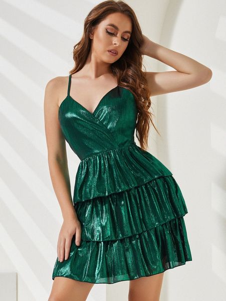 

sbetro layered hem metallic cami dress x5lx#, Black;gray