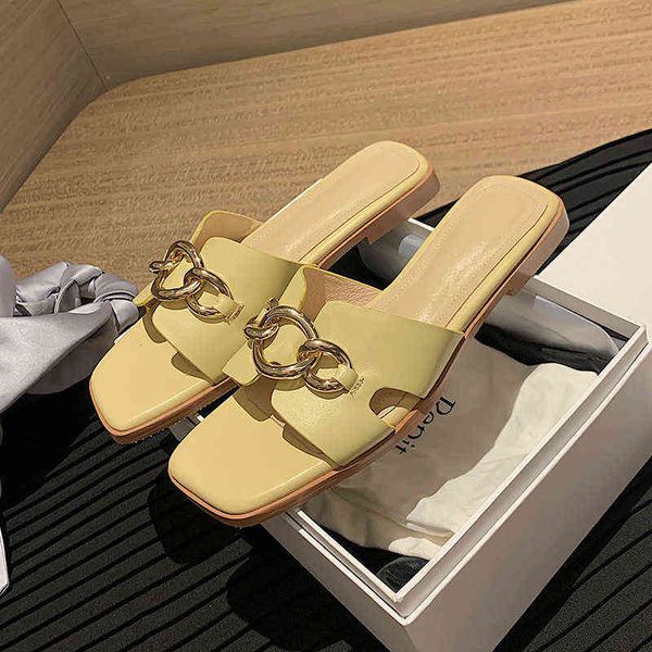 

designer women's shoes boots metal ring buckle flat bottom comfortable square head flip flops wear sandals outside 2022 physical store, Black