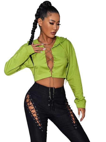 

sxy chain lace up front crop hoodie o5yn#, Black