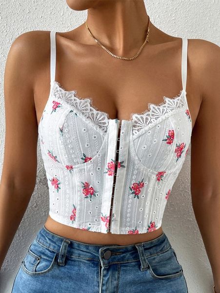 

floral print lace trim cami b8ci#, White