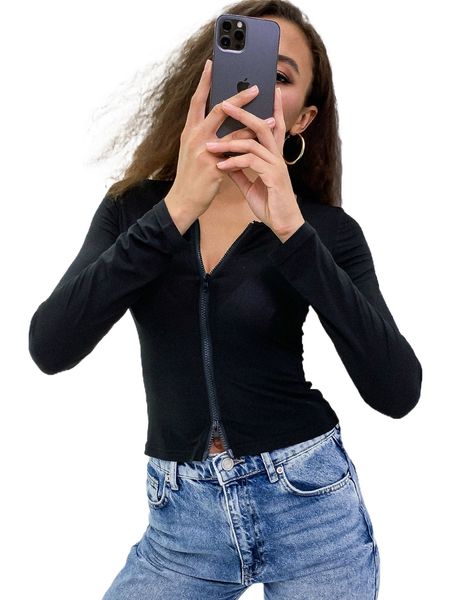 

aamilife zip up ribbed knit slim a4vw#, White