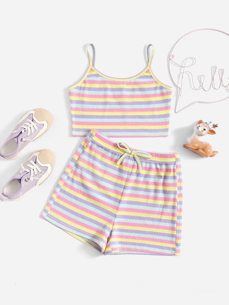 

girls colorful striped cami & shorts she, White