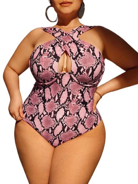

plus snakeskin print crisscross one piece swimsuit j6bd#, White;black